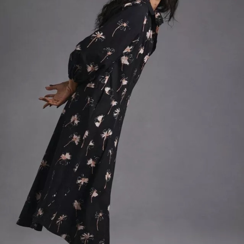 Anthropologie Maeve Button Front Asymmetrical Dress Maxi Daisy Print Black Tan - Picture 3 of 7
